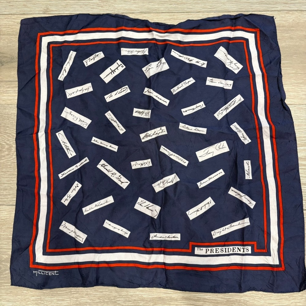 Vintage Bicentennial The Presidents Signatures Millicent Scarf Blue Womens